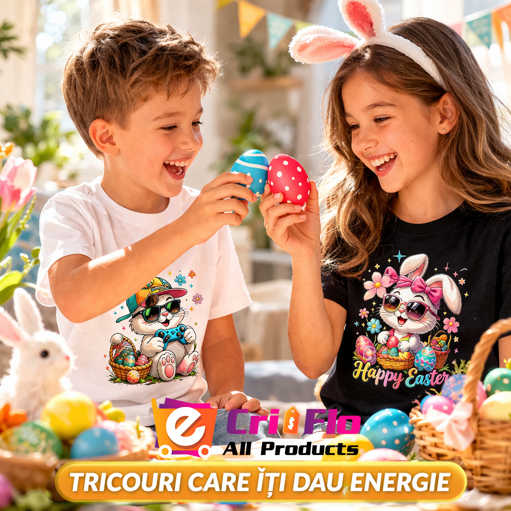 Tricou Paste Iepuras Gri Paste Oua Colorate Decor, din bumbac 100% Copii | Dama | Barbat